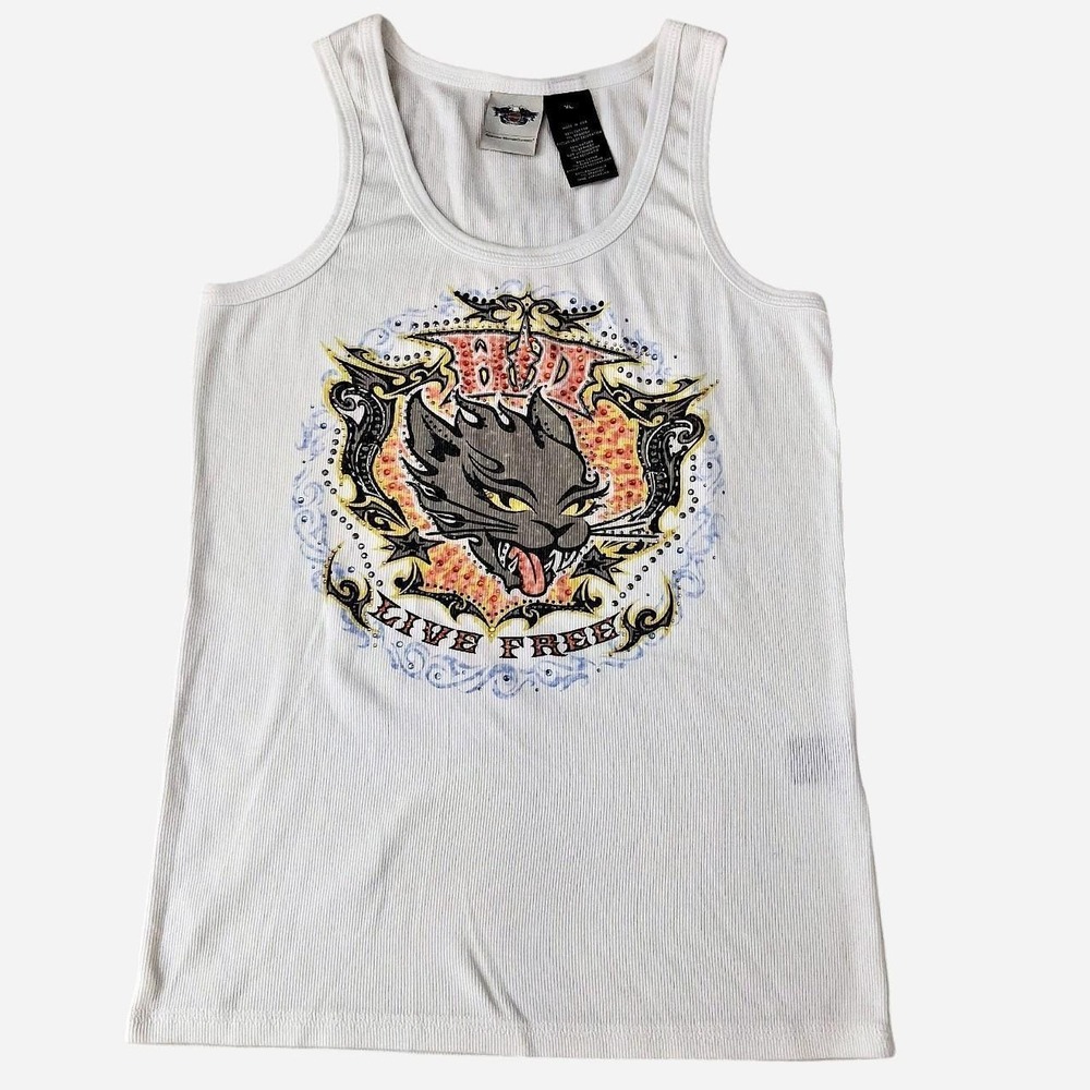Harley Davidson Womens XL White Ribbed Tank Top Live Free Rhinestone 96262-12VW